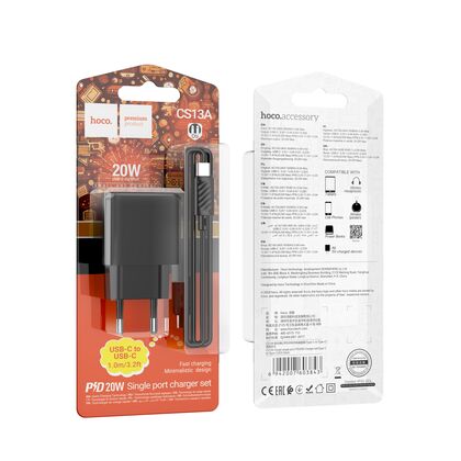 СЗУ HOCO CS13A Ocean (1xType-C, 3А PD20W, черный) + кабель Type-C