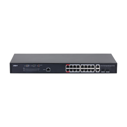 Управляемый PoE-коммутатор 20 портов Dahua DH-PFS4218-16GT-130 (16х1Гбит/ с, 2хSFP, 2хRJ45/ SFP, 16хPoE, PoE‑бюджет 130 Вт) 2+ уровня
