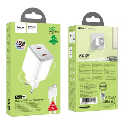 СЗУ HOCO N42 Elogiado (2xType-C, PD45W, белый) + кабель Type-C