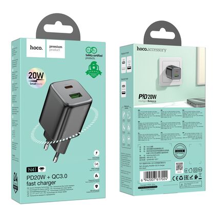 СЗУ HOCO N42 Elogiado (1xUSB, 1xType-C, 3А, черный)