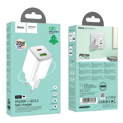 СЗУ HOCO N42 Elogiado (1xUSB, 1xType-C, 3А, белый)