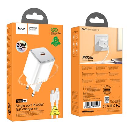 СЗУ HOCO N40 Mighty (1xType-C, PD20W, белый) + кабель Lightning