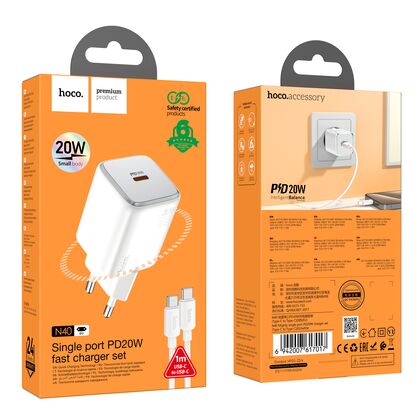 СЗУ HOCO N40 Mighty (1xType-C, PD20W, белый) + кабель Type-C