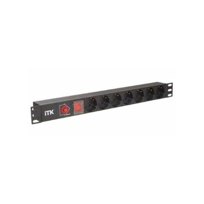 Блок розеток 19", 1U, в стойку, 7xSchuco, 220V, 10А, с выключателем, металлический корпус, шнур 2 метра вилка ITK (PH13-7D3)