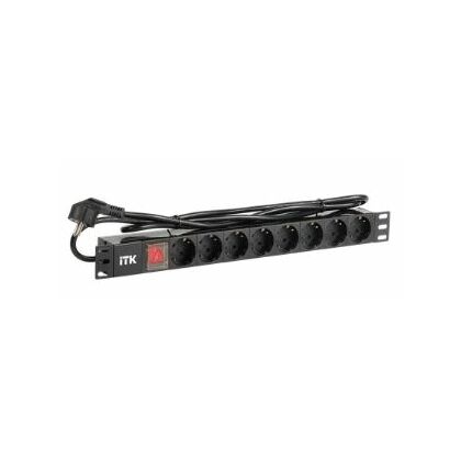 Блок розеток 19", 1U, в стойку, 8xSchuco, 220V, 16А, с выключателем, металлический корпус, шнур 2 метра вилка ITK (PH12-8D1)