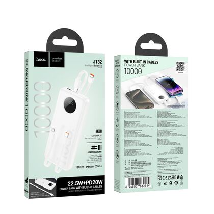 Внешний аккумулятор 10000mAh HOCOJ132A Sabio, USB x1, Type-C x1, USB 18W x1, Type-C PD20 x1, QC3.0, дисплей, пластик, белый