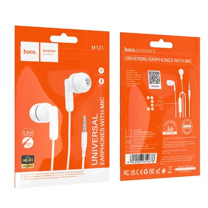 Проводные наушники HOCO M121 Bright, jack 3.5 mm, микрофон, внутриканальные, белый (6942007612678)