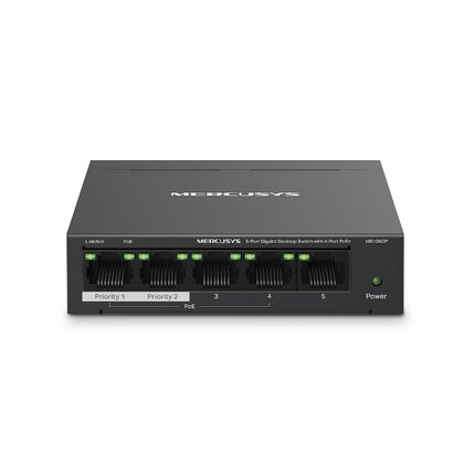 Неуправляемый POE-коммутатор 05 портов MERCUSYS MS105GP ( 5x1Гбит/ с, 4xPOE, PoE‑бюджет 65 Вт) корпус - металл
