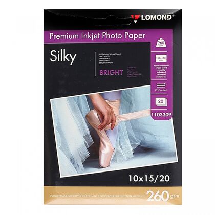 Фотобумага Lomond, A6, 260 гр/ м2, 20л, Bright Silky, атласная ярко-белая микропористая, (1103309 ) для струйной печати