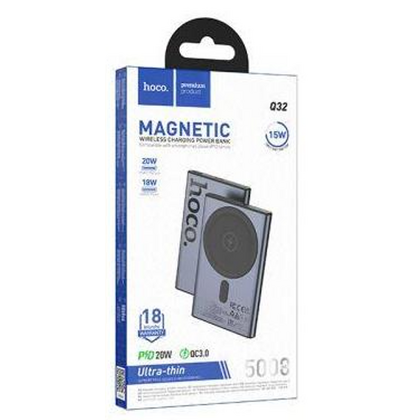 Внешний аккумулятор 5000mAh HOCO Q32 Bird, Type-C x1, Type-C PD20 x1, QC3.0, магнит, беспроводная зарядка, индикатор заряда, металл, металлик