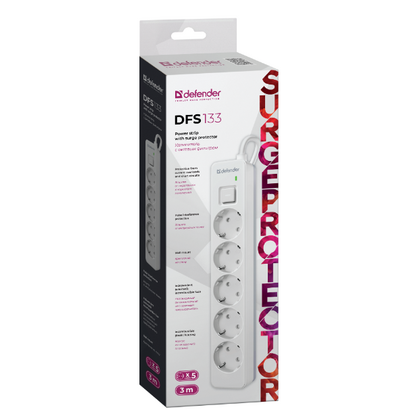 Сетевой фильтр 3 м Defender DFS 133, 16 А, 3680 Вт, 5 розеток с заземлением, белый (99431)