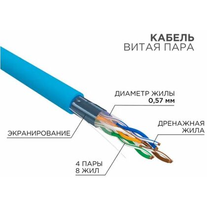 Кабель Cu FTP, Внутренний, 4x2x0.57, бухта 305м., Cat6, Rexant (01-0147)