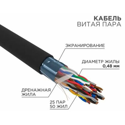 Кабель Cu FTP, Внешний, 25x2x0.48, бухта 305м., Cat5, Rexant (01-1203)
