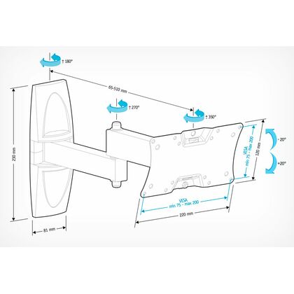 Крепление для телевизора диагональ 19"-32", нагрузка 30кг, наклон – 20°+20°, поворот 350⁰, от стены 65 - 510 мм Holder LCDS-5064 чёрный